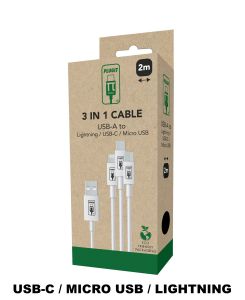 Cable 1,2 m 3 en 1 USB-A to micro USB / Iphone / USB-C