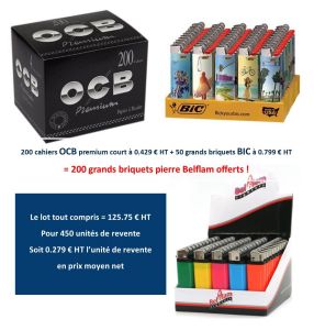 Lot 200 OCB premium + 50 grands BIC décors Fun + 200 grands briquets Belflam offerts