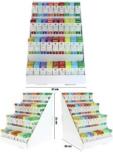 Présentoir de 90 flacons de 10 ml (9 parfums, 4 taux de nicotine 0,3,6,12 Mg) Fabrication Française